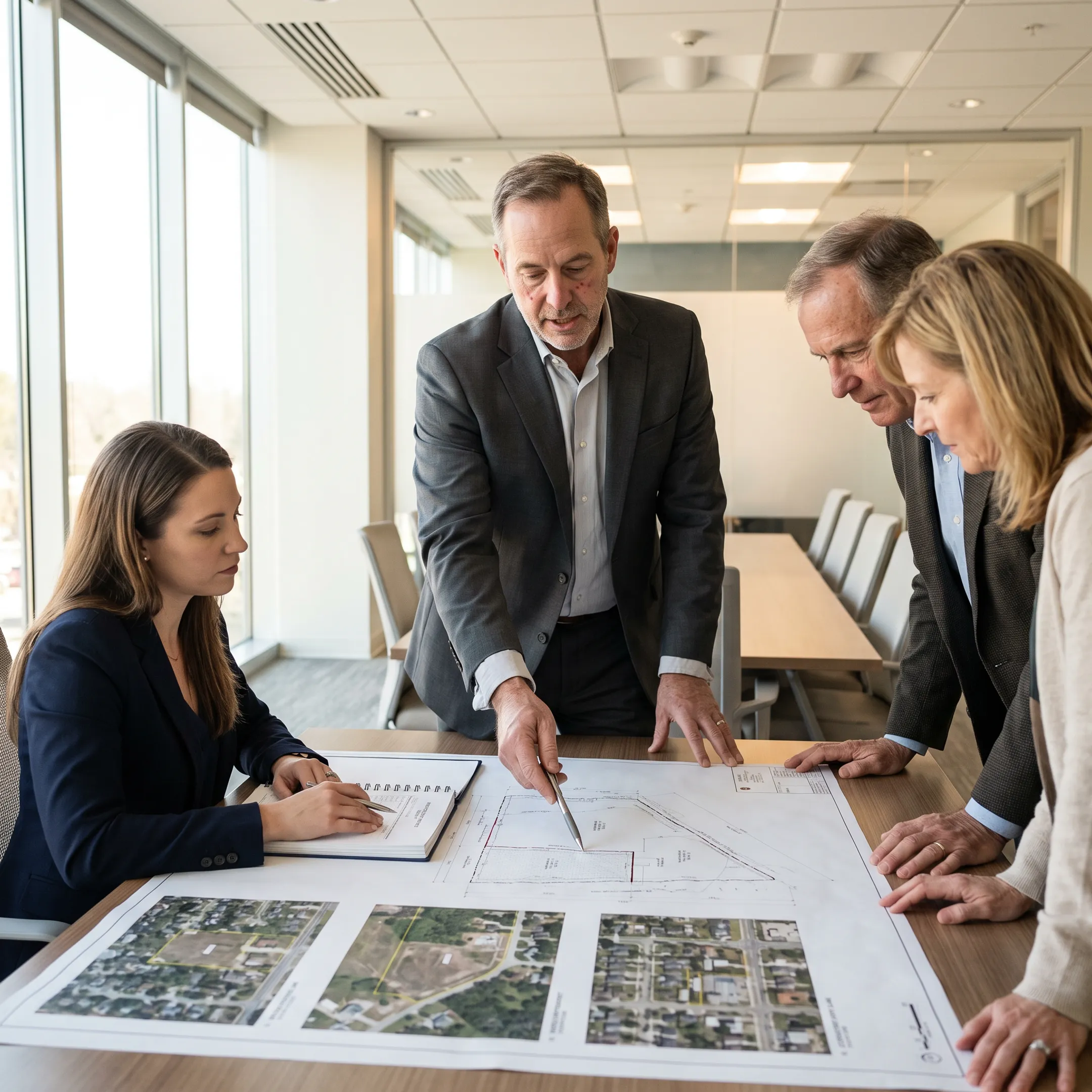 Commercial real estate brokers reviewing development property plans with clients