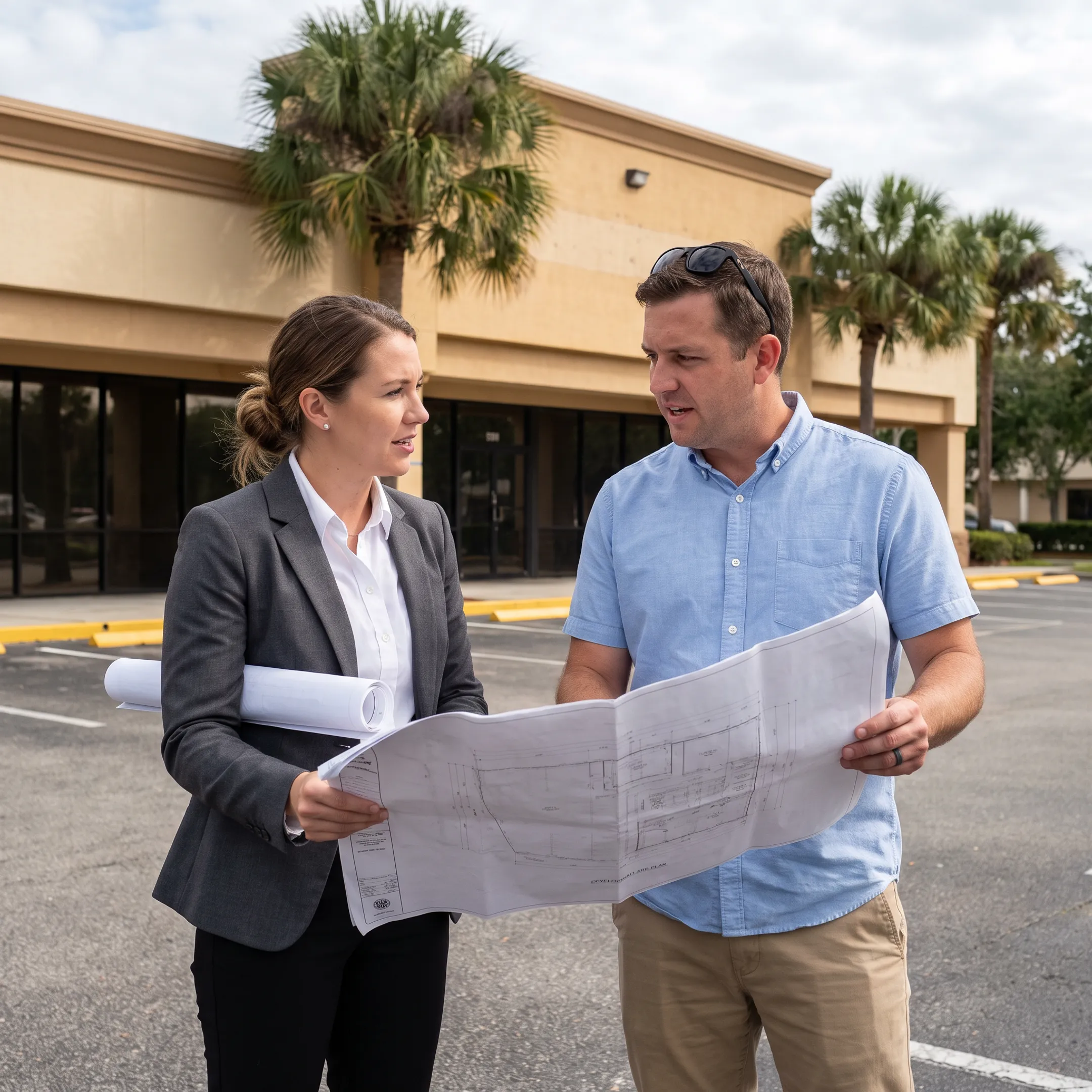 Commercial development property and broker reviewing site plans in Orlando