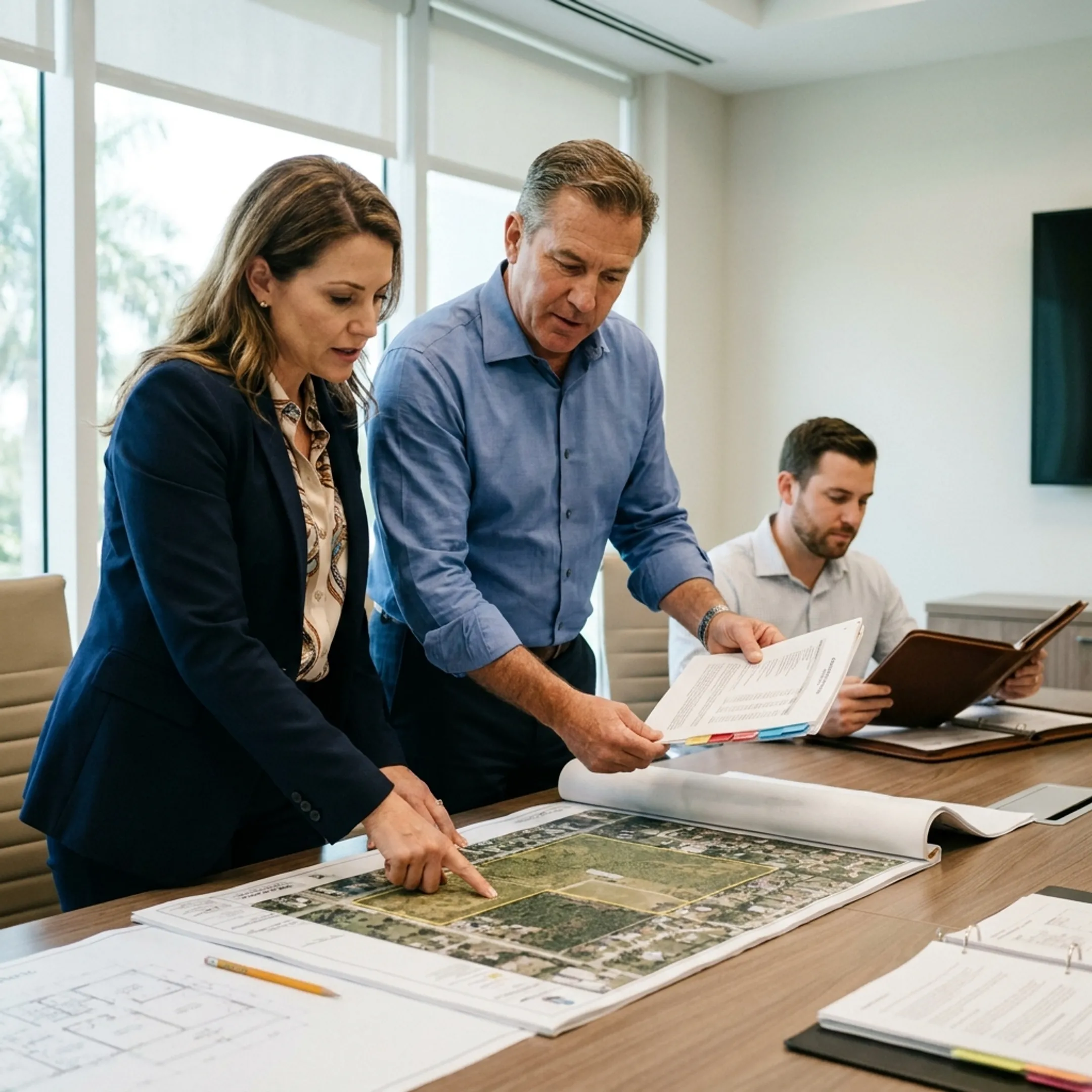 Real estate development team reviewing land plans and investment documents at a modern office table