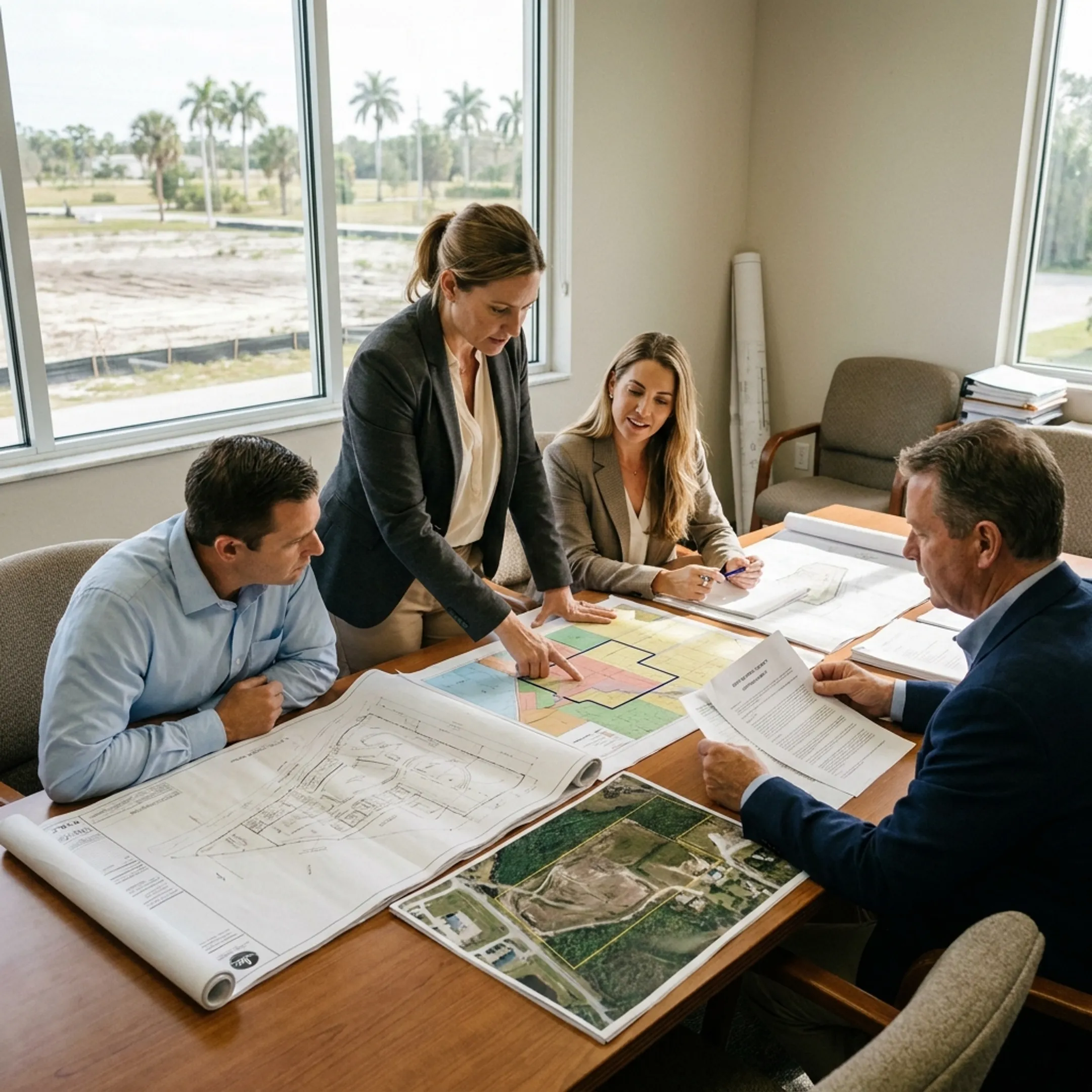 Consultants reviewing a Florida development site plan with landowners and developers