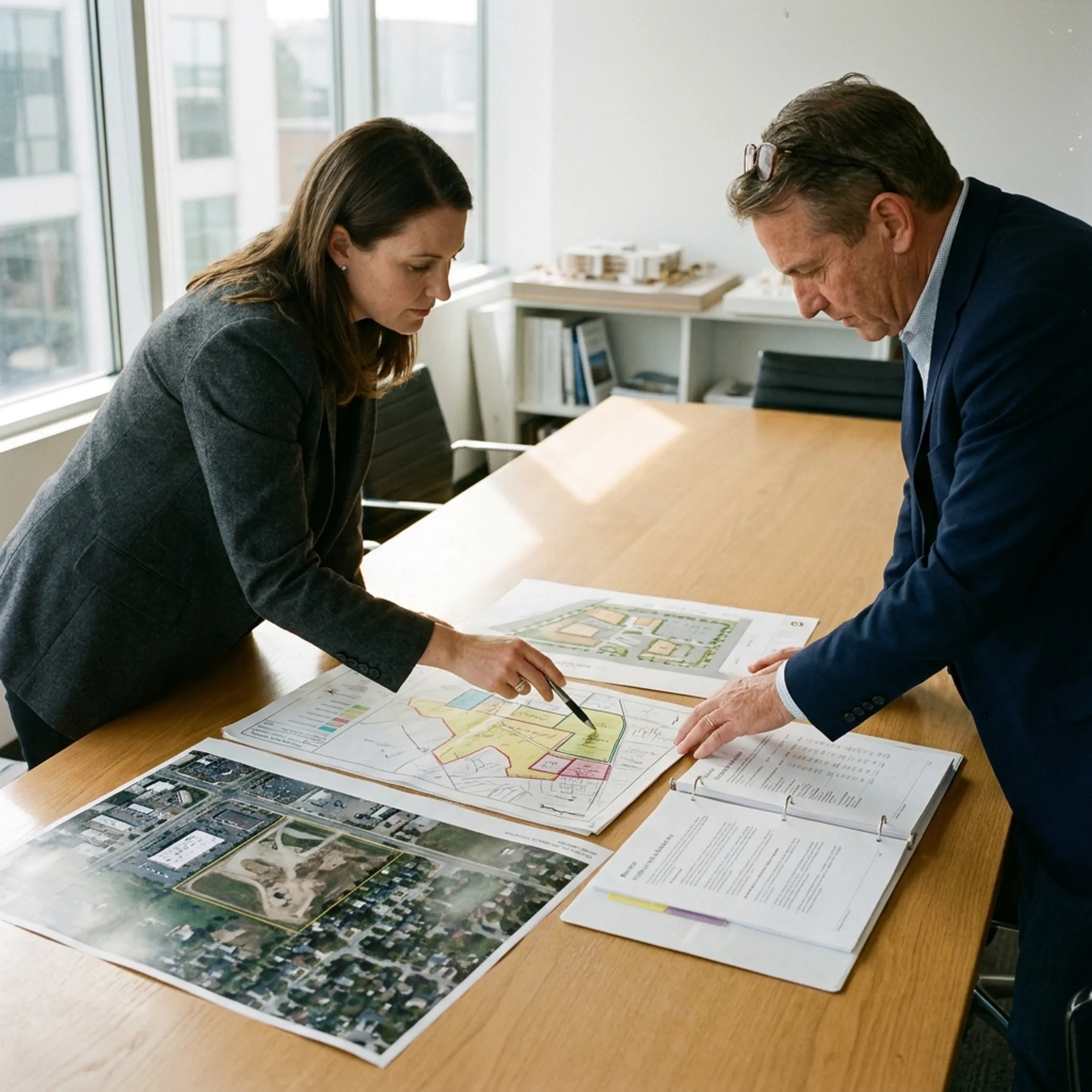 Real estate advisors reviewing development plans and commercial property materials