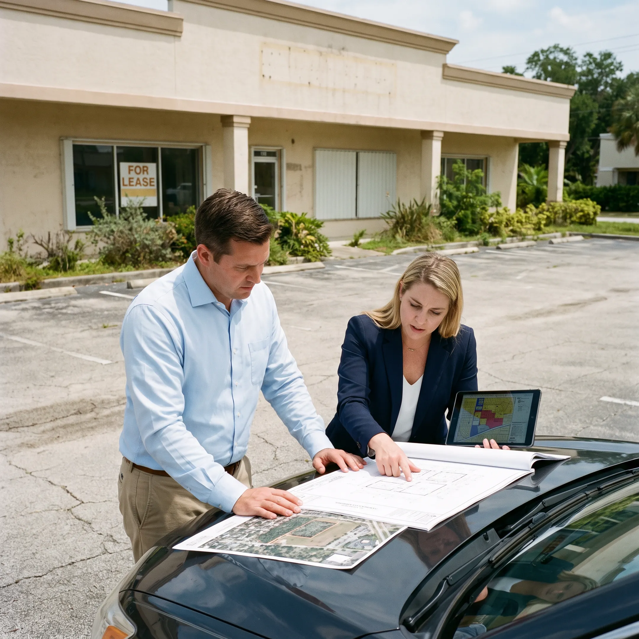 Commercial developers reviewing a redevelopment property