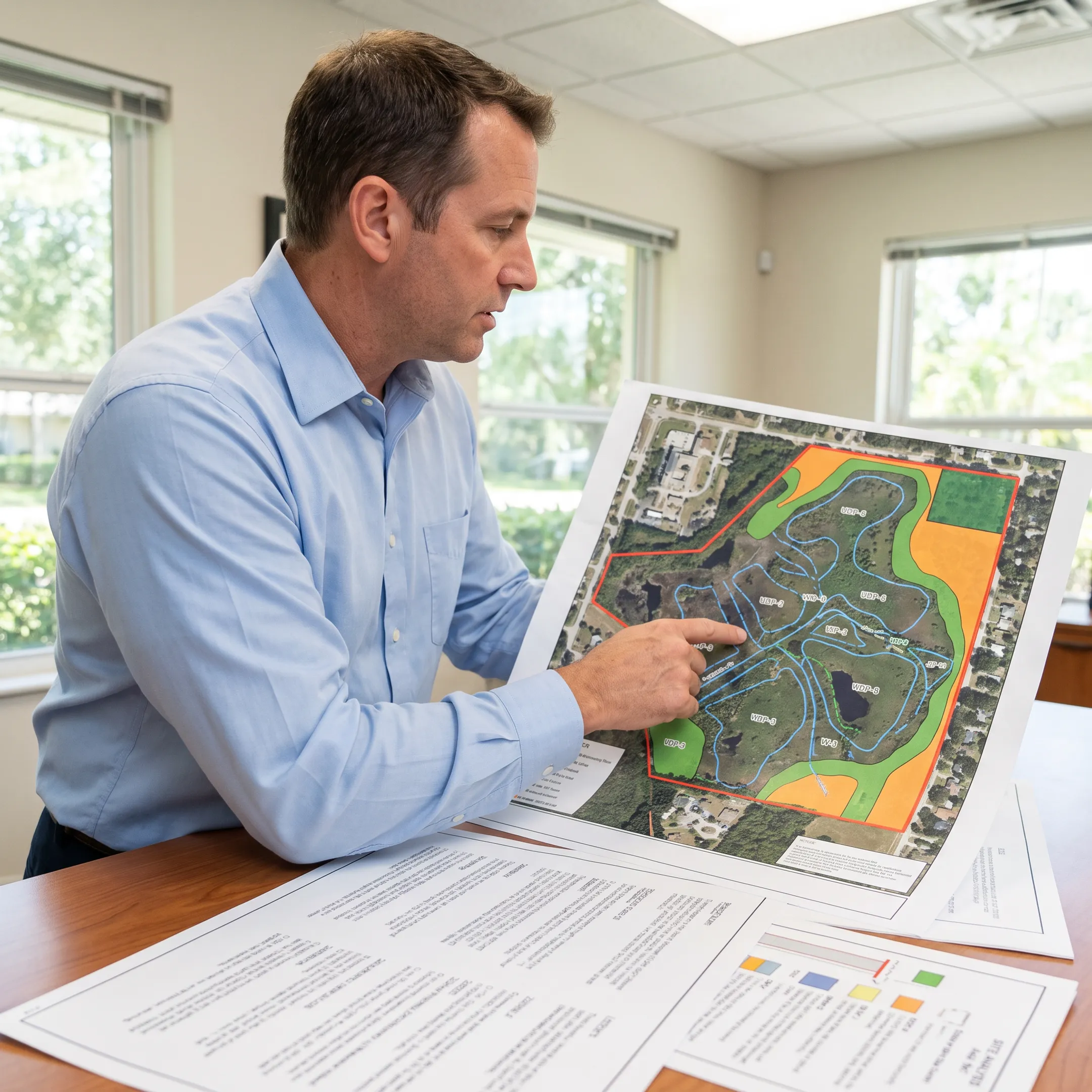 Real estate advisor presenting development analysis and site plans