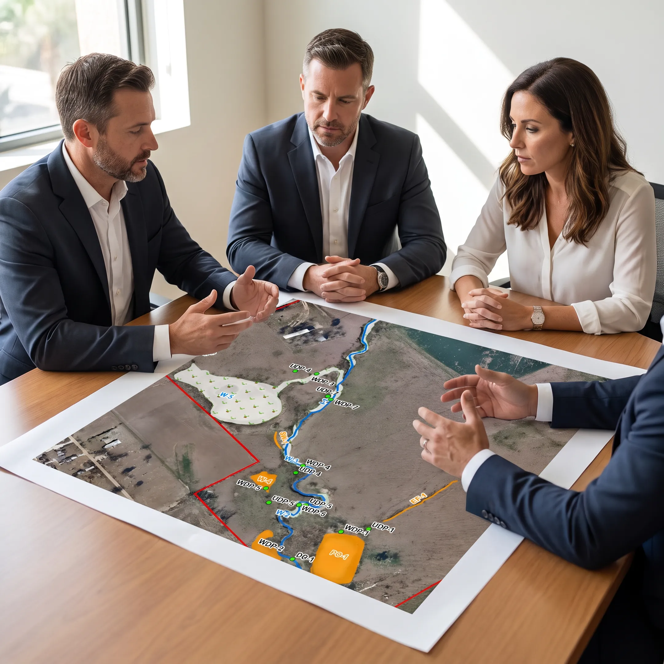 Broker presenting development analysis and site plans to commercial property stakeholders