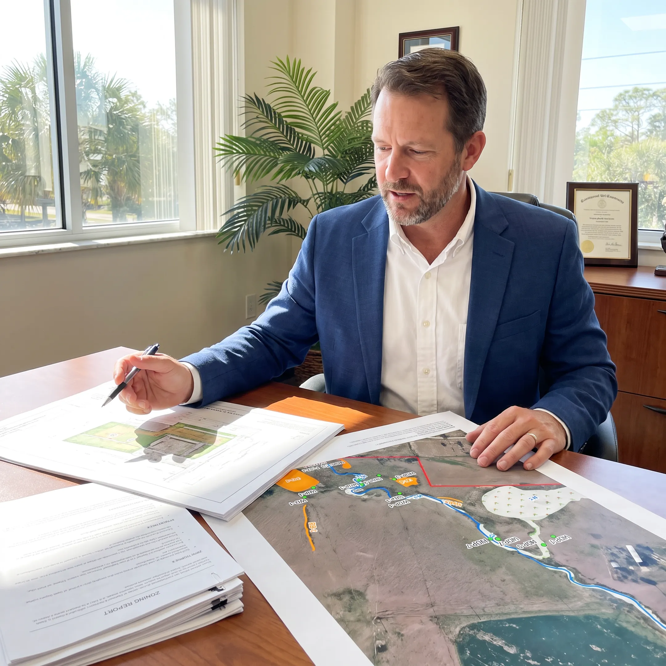 Advisor presenting a land development opportunity with site plans