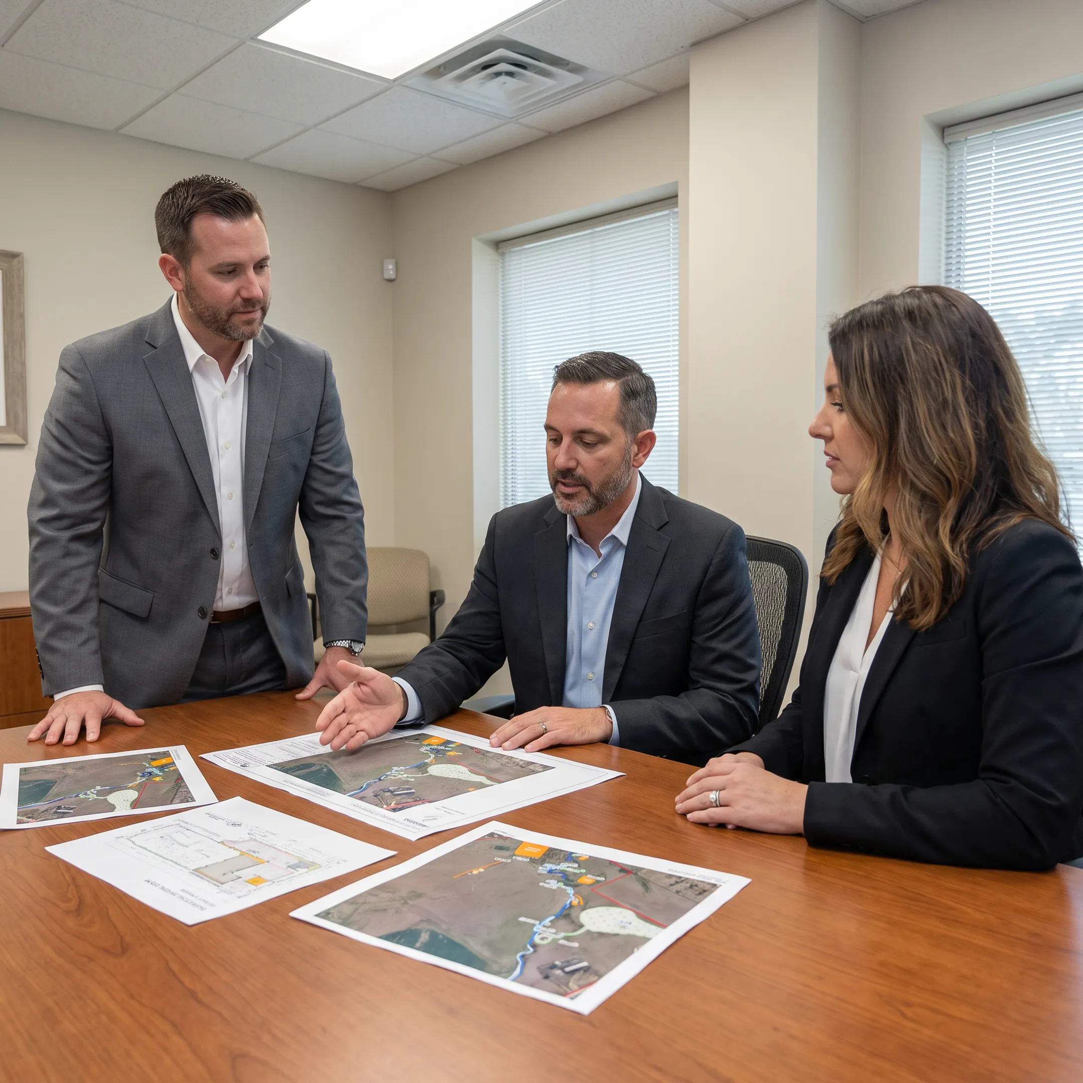 Real estate professionals reviewing commercial property plans and redevelopment opportunities
