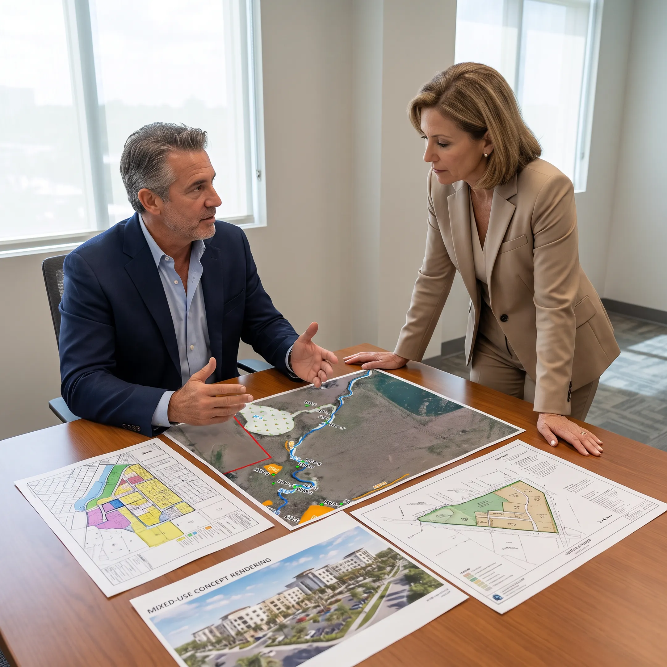 Advisor presenting a development site analysis and property plans to an investor