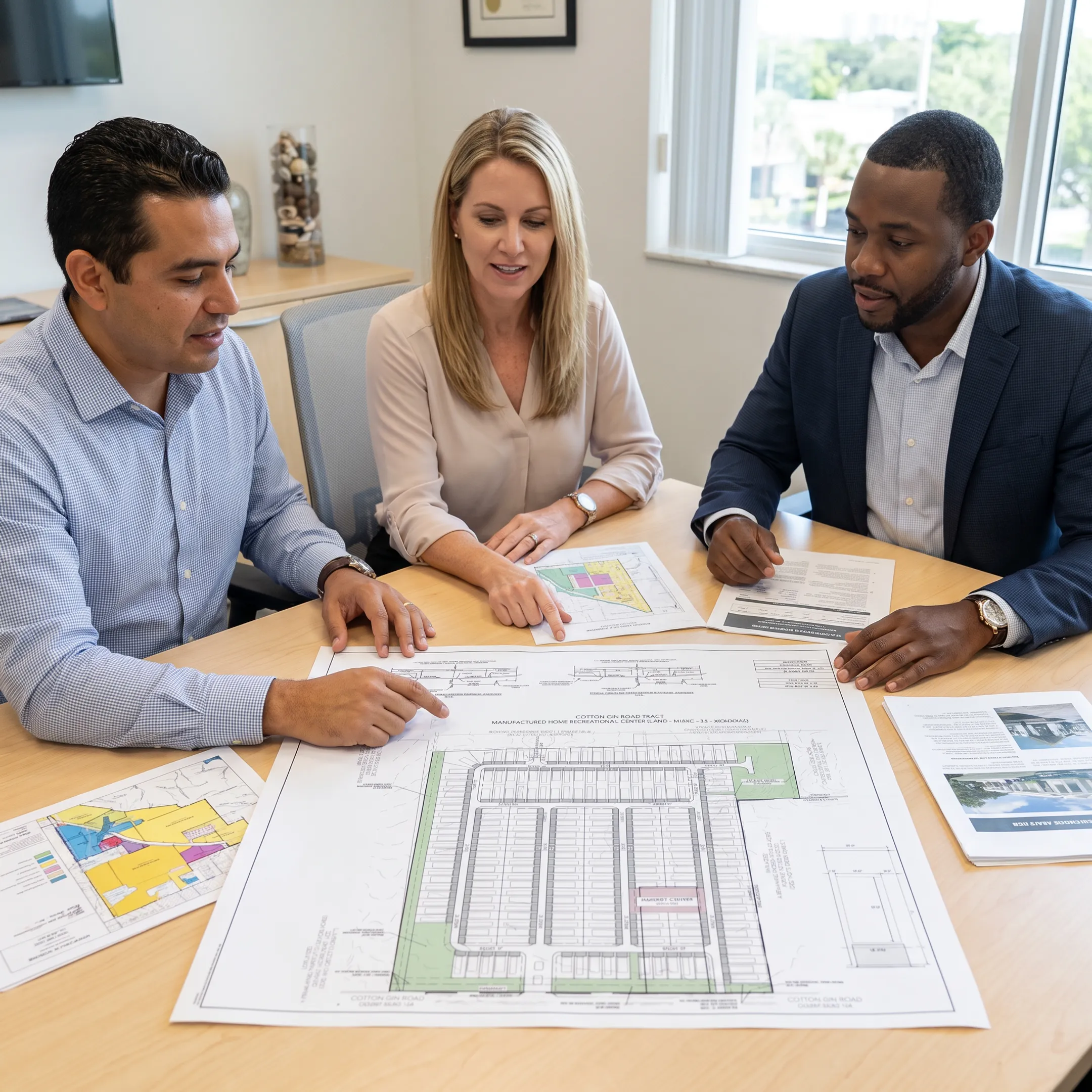 Commercial real estate advisors reviewing a development site and property plans