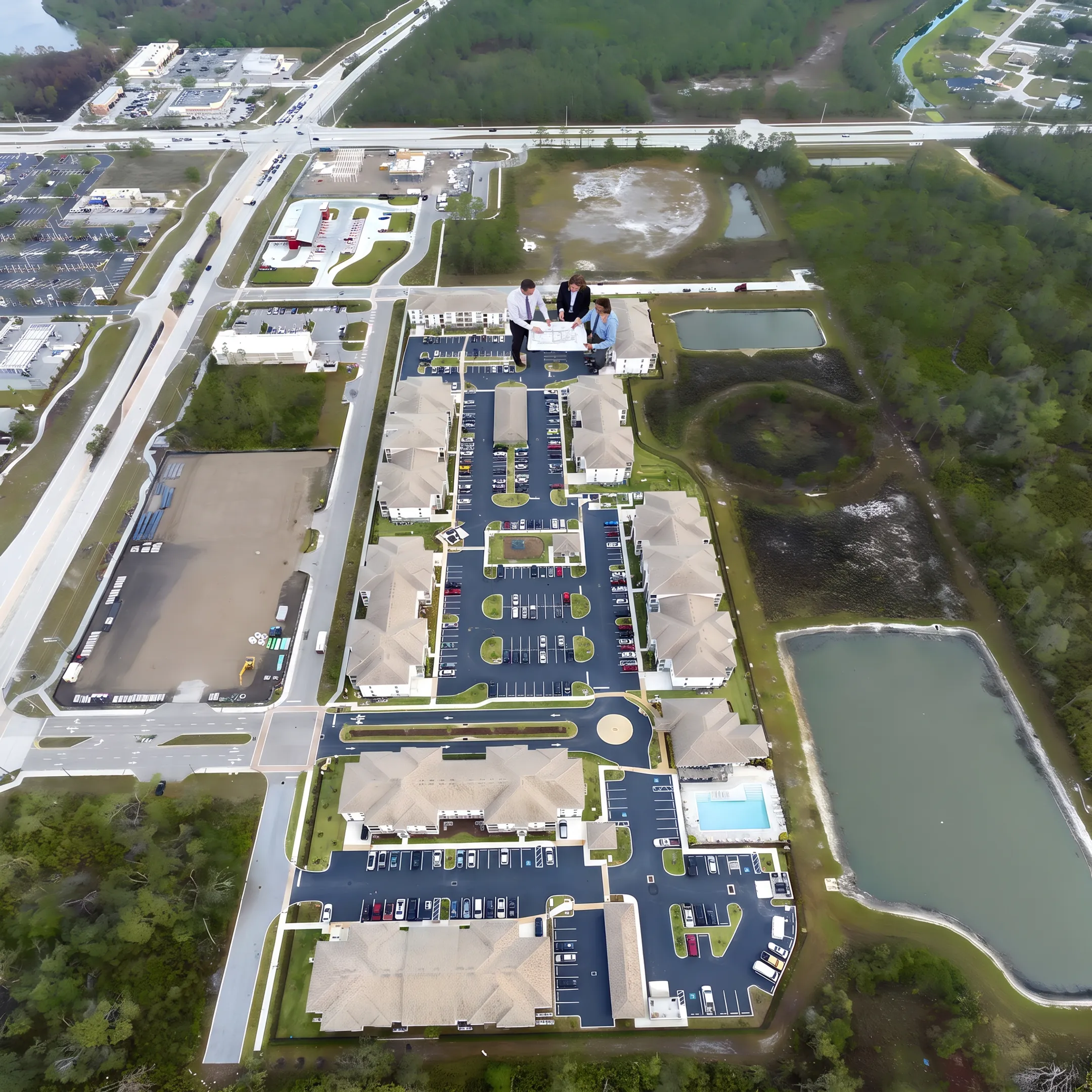 Commercial development site with retail buildings, plans, and real estate professionals reviewing opportunities