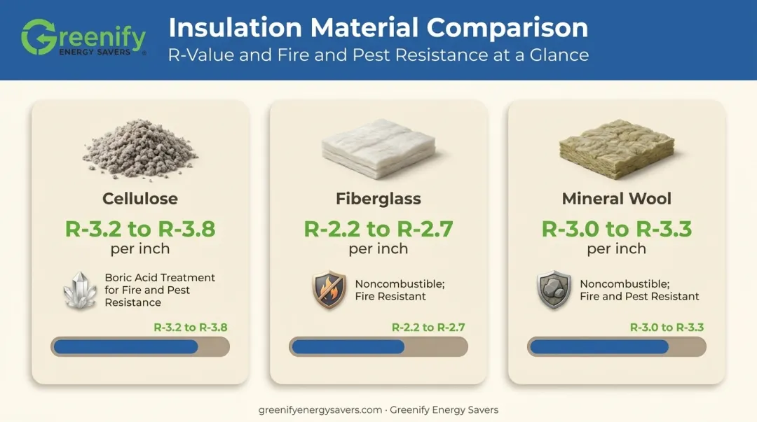 Cellulose fiberglass and mineral wool blown-in insulation R-value comparison