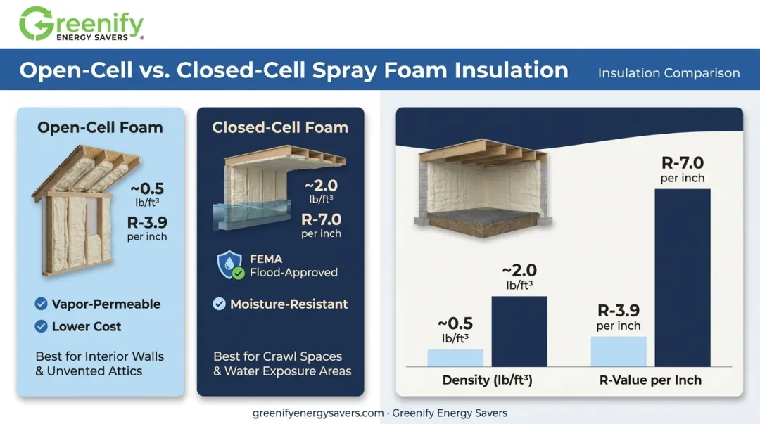 Open-cell versus closed-cell spray foam insulation properties comparison chart