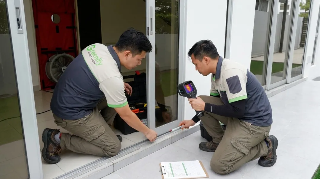 Energy auditor inspecting home windows insulation and attic sealing systems