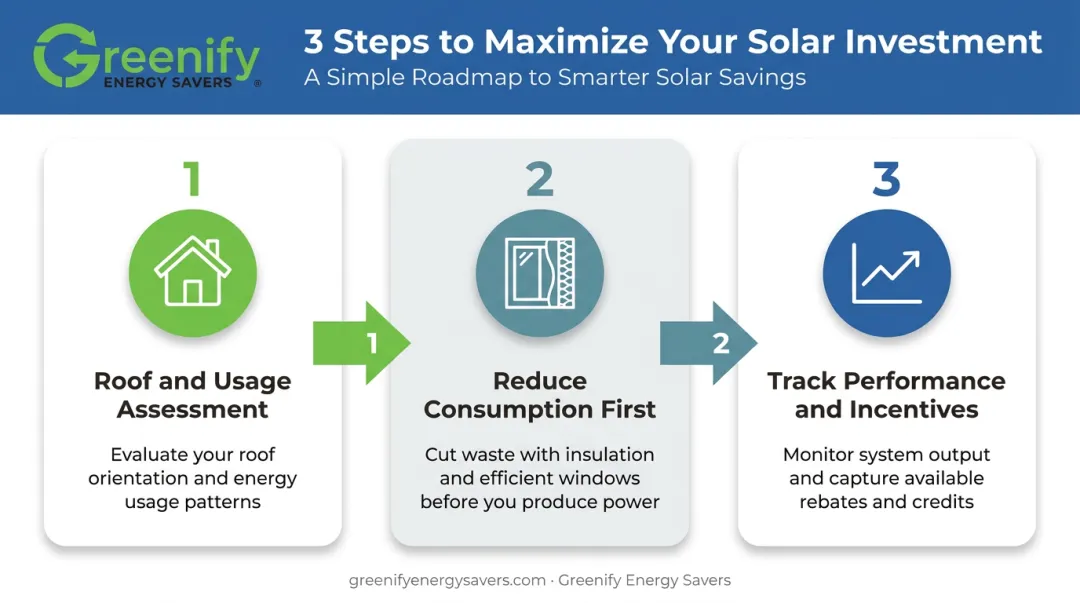 Three-step process to maximize solar investment savings infographic