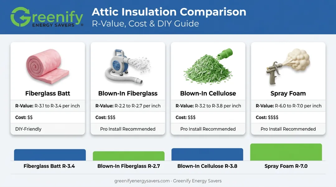 Four types of attic insulation materials compared by R-value and cost