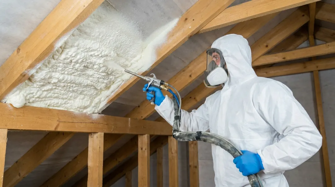 Professional contractor installing spray foam insulation in home attic