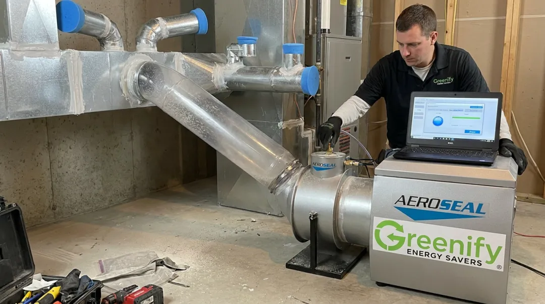 Aeroseal duct sealing equipment sealing leaks from inside ductwork