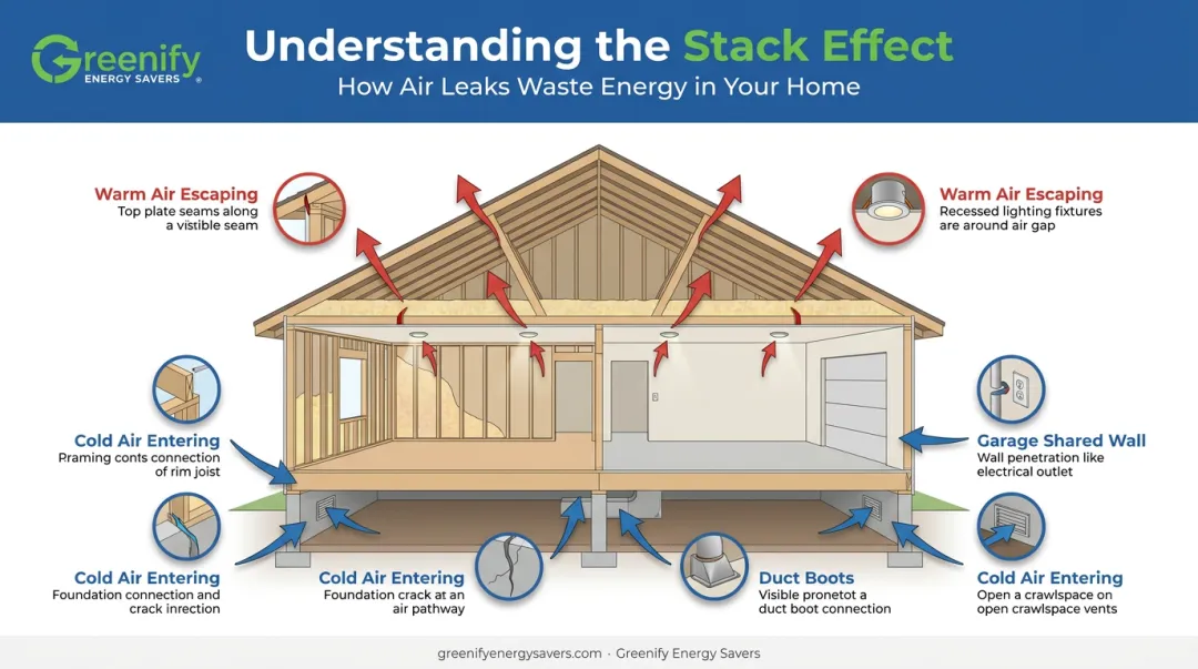 Stack effect diagram showing top and bottom home air leak locations