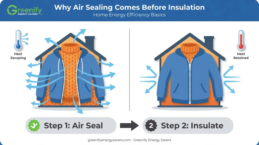 Air sealing versus insulation sequence comparison sweater and jacket analogy