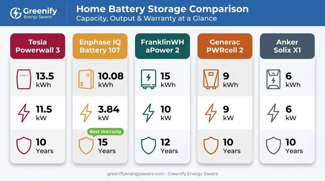 Five whole-home battery backup systems compared by capacity output and warranty