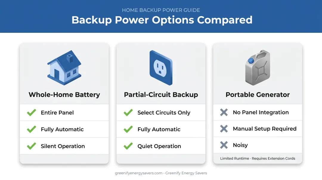 Whole-home battery versus partial-circuit backup versus portable generator comparison chart