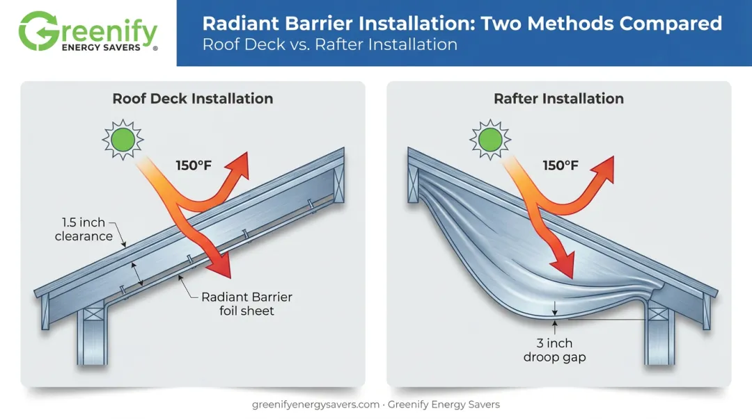 Radiant barrier air gap clearance requirements diagram for roof deck and rafter installation