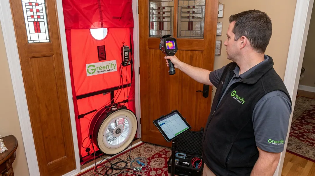 Home energy auditor conducting thermal imaging and blower door test inspection