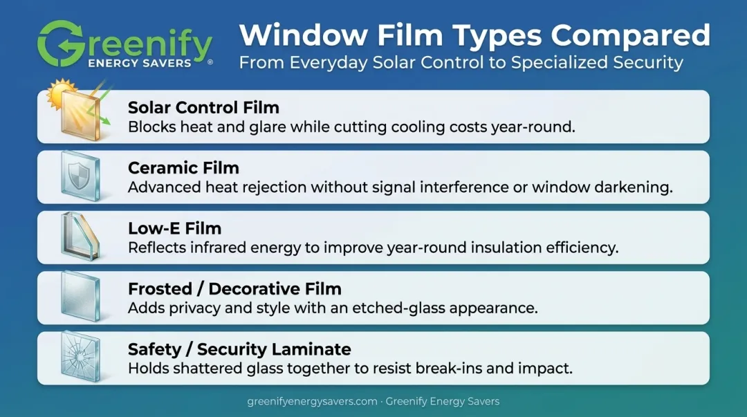 Five types of residential window film compared by function and heat rejection