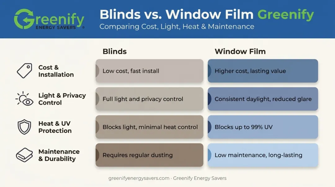 Blinds versus window film comparison across cost light heat and maintenance factors