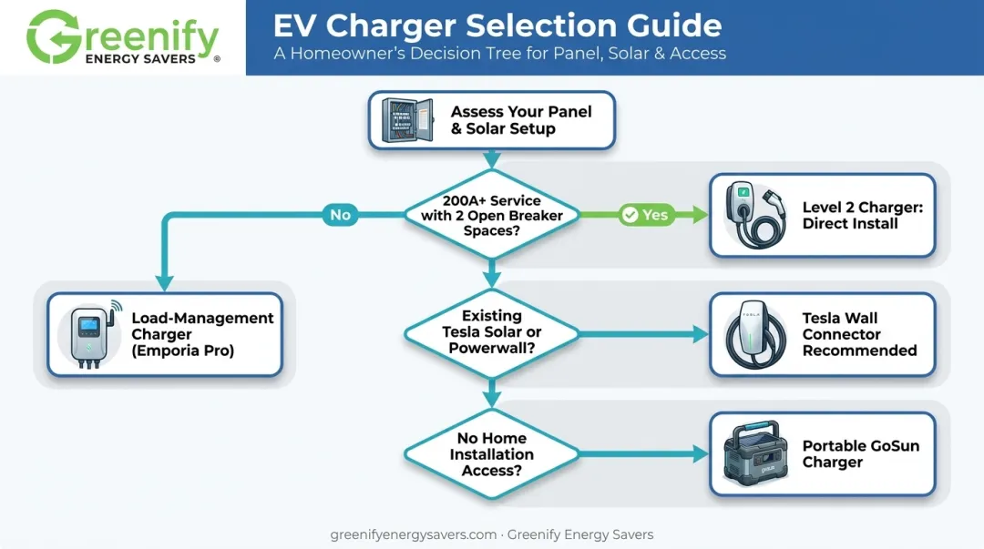 Decision flowchart for choosing a solar EV charger based on panel capacity