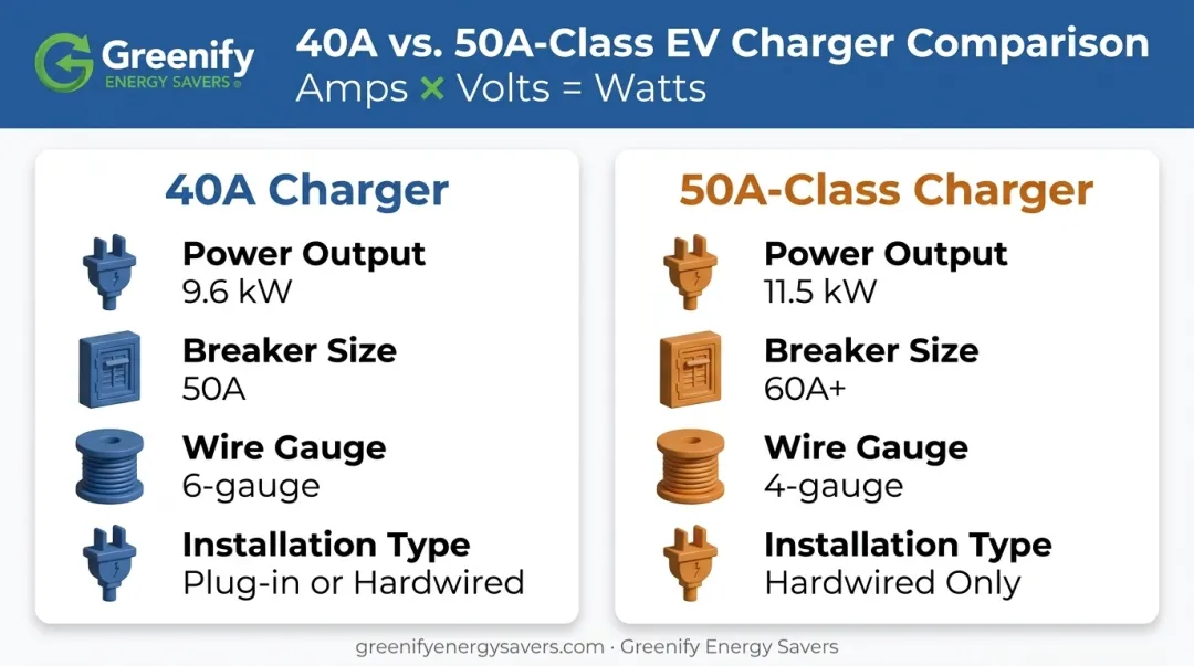 40 amp versus 50 amp EV charger electrical specifications comparison chart