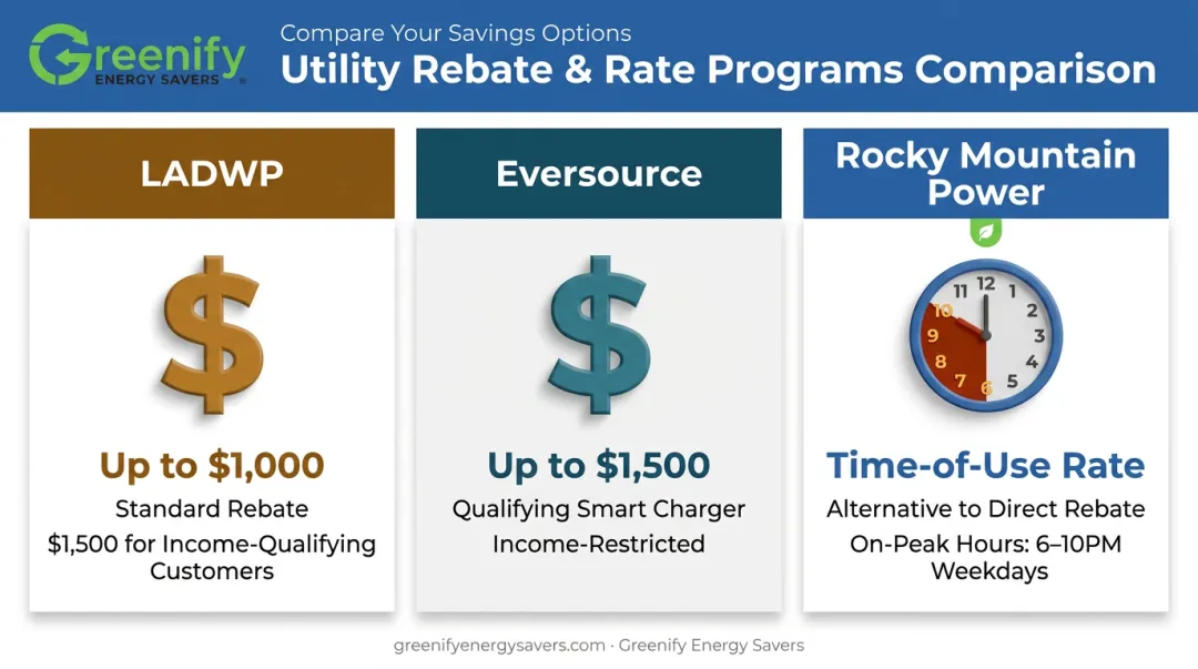 Utility EV charger rebate comparison across LADWP Eversource and Rocky Mountain Power