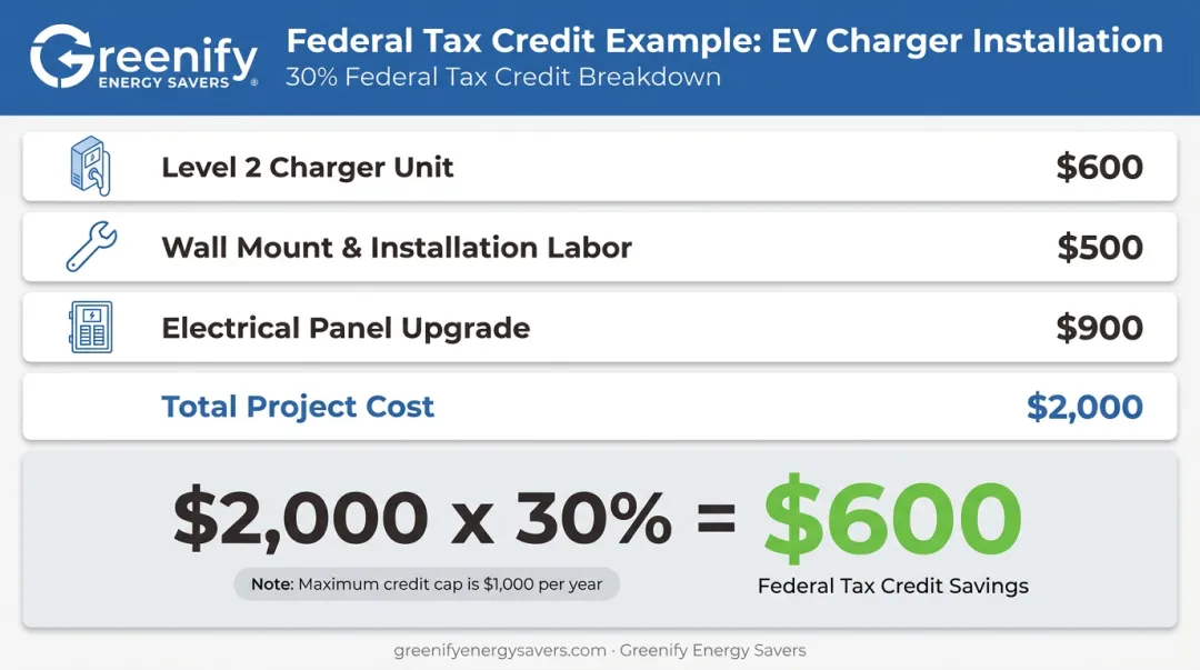 Federal EV charger tax credit cost breakdown showing 30 percent savings calculation