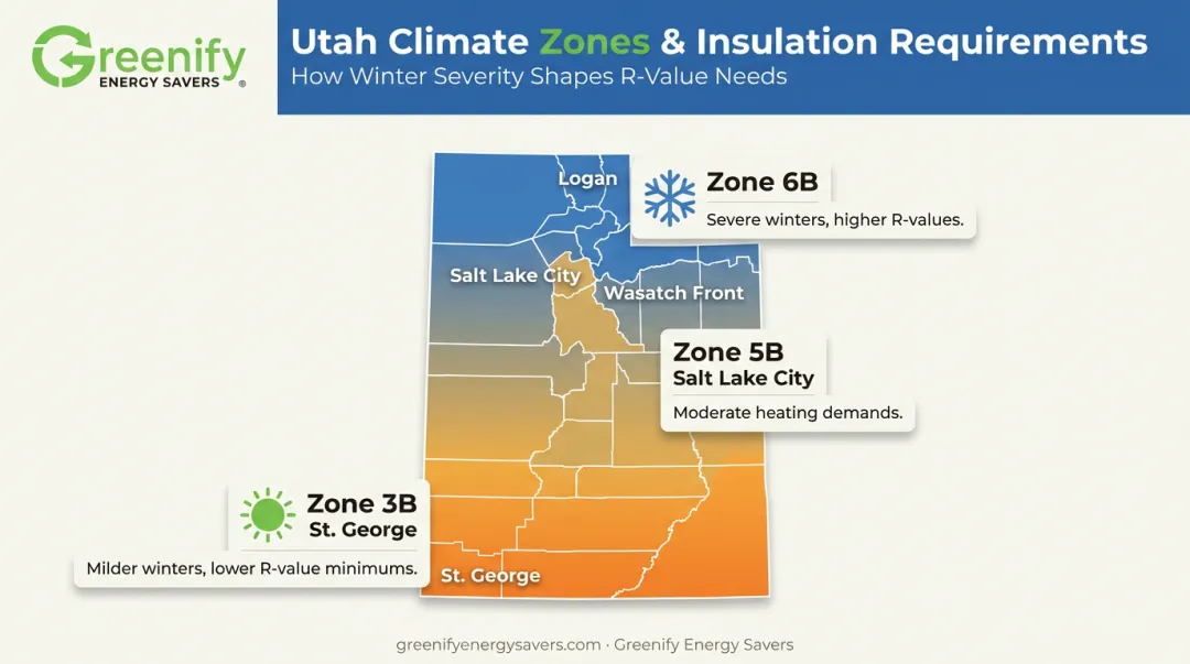 Utah climate zones 3B 5B 6B insulation R-value requirements map