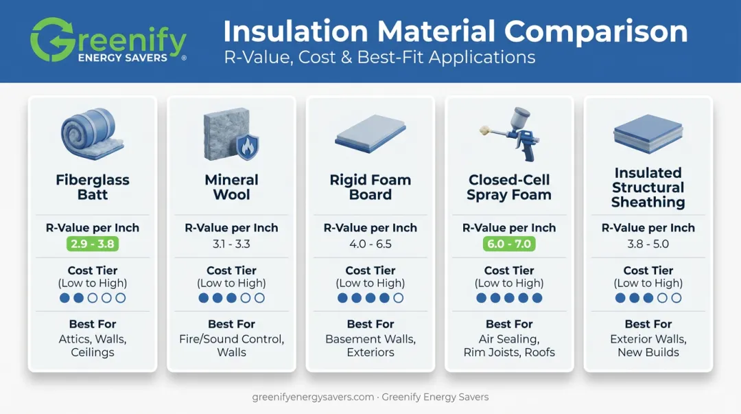 Comparison of five exterior wall insulation materials by R-value and cost