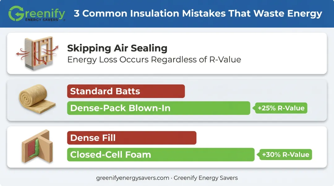 Common insulation mistakes infographic showing R-value performance losses