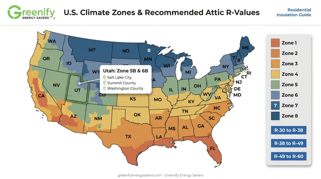 US climate zone map showing recommended attic R-values by region