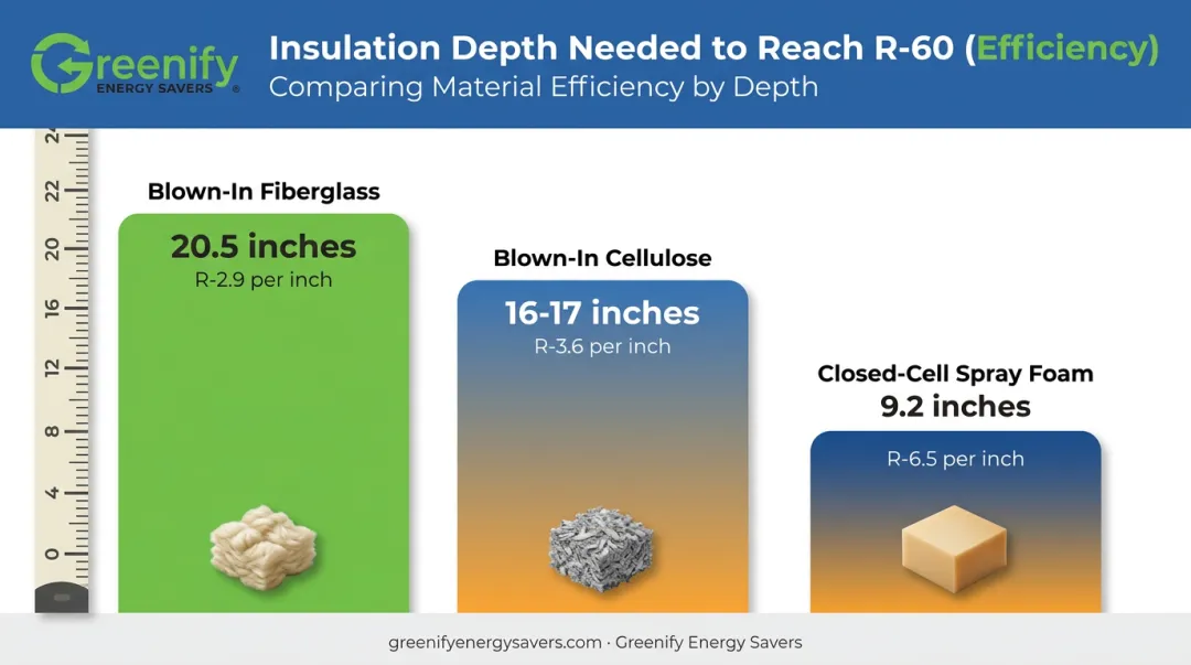 Insulation depth comparison chart for R-60 across fiberglass cellulose and spray foam