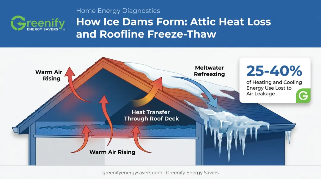 Diagram showing how ice dams form from attic heat loss and air leakage