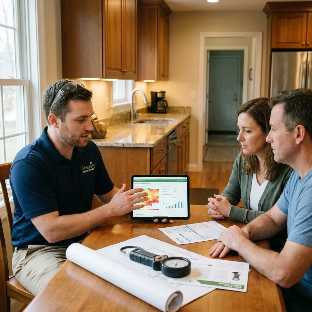 Technician reviewing home energy audit findings