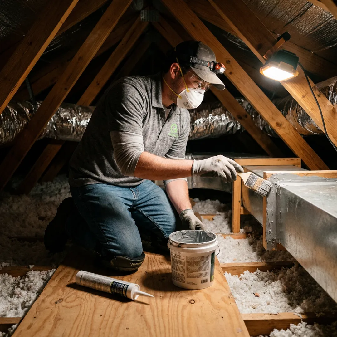 Technician sealing residential HVAC ductwork