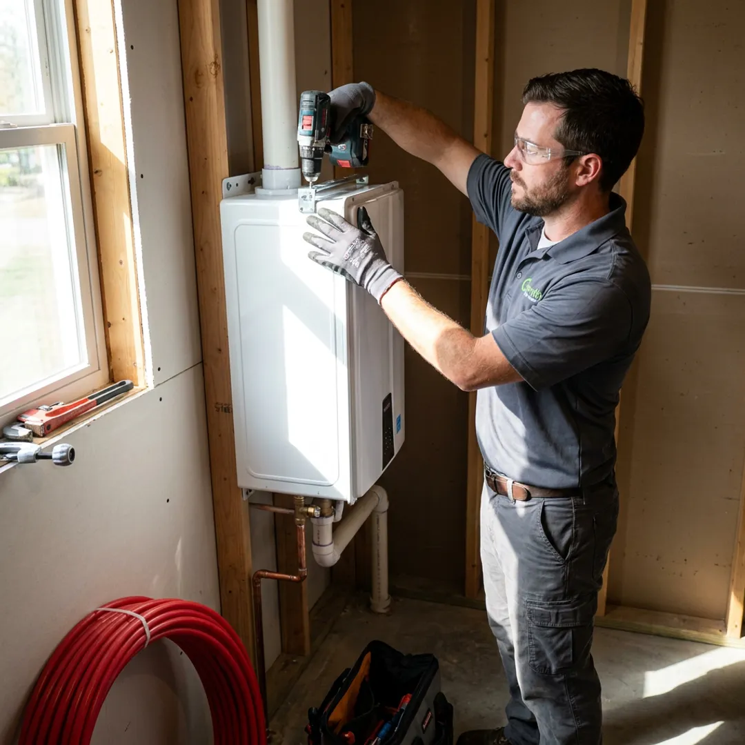 Technician installing a tankless water heater
