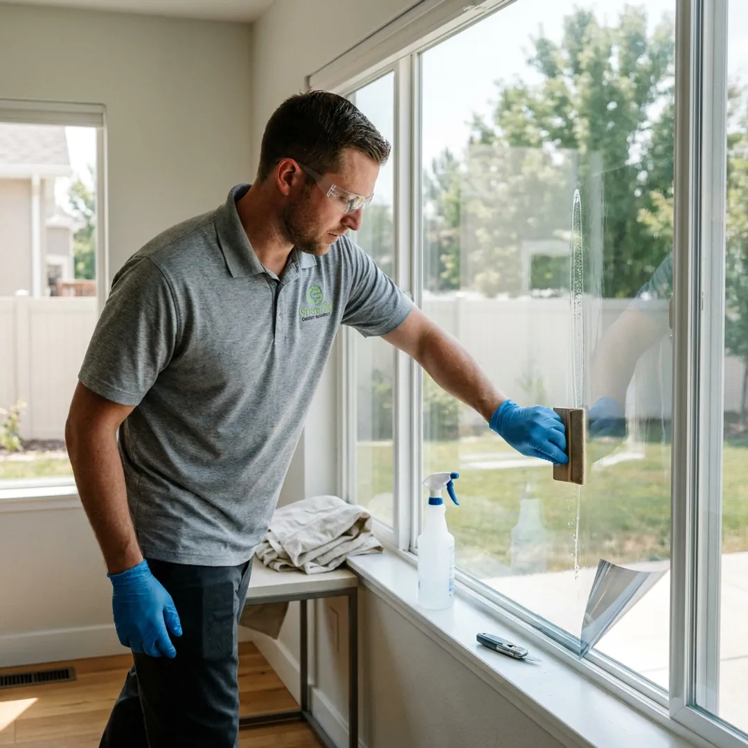 Technician installing solar control window film