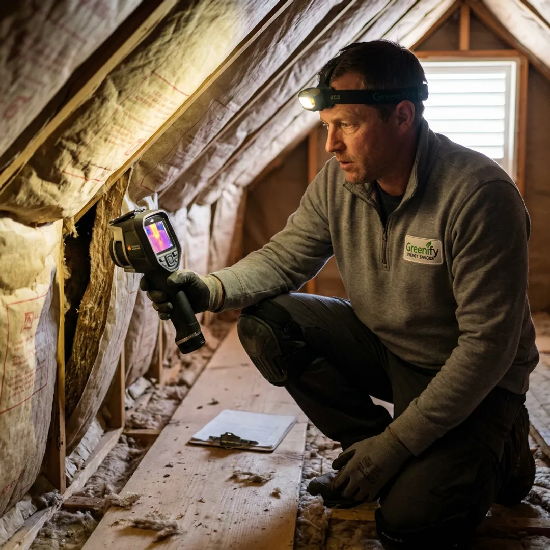 Contractor inspecting attic insulation in a home