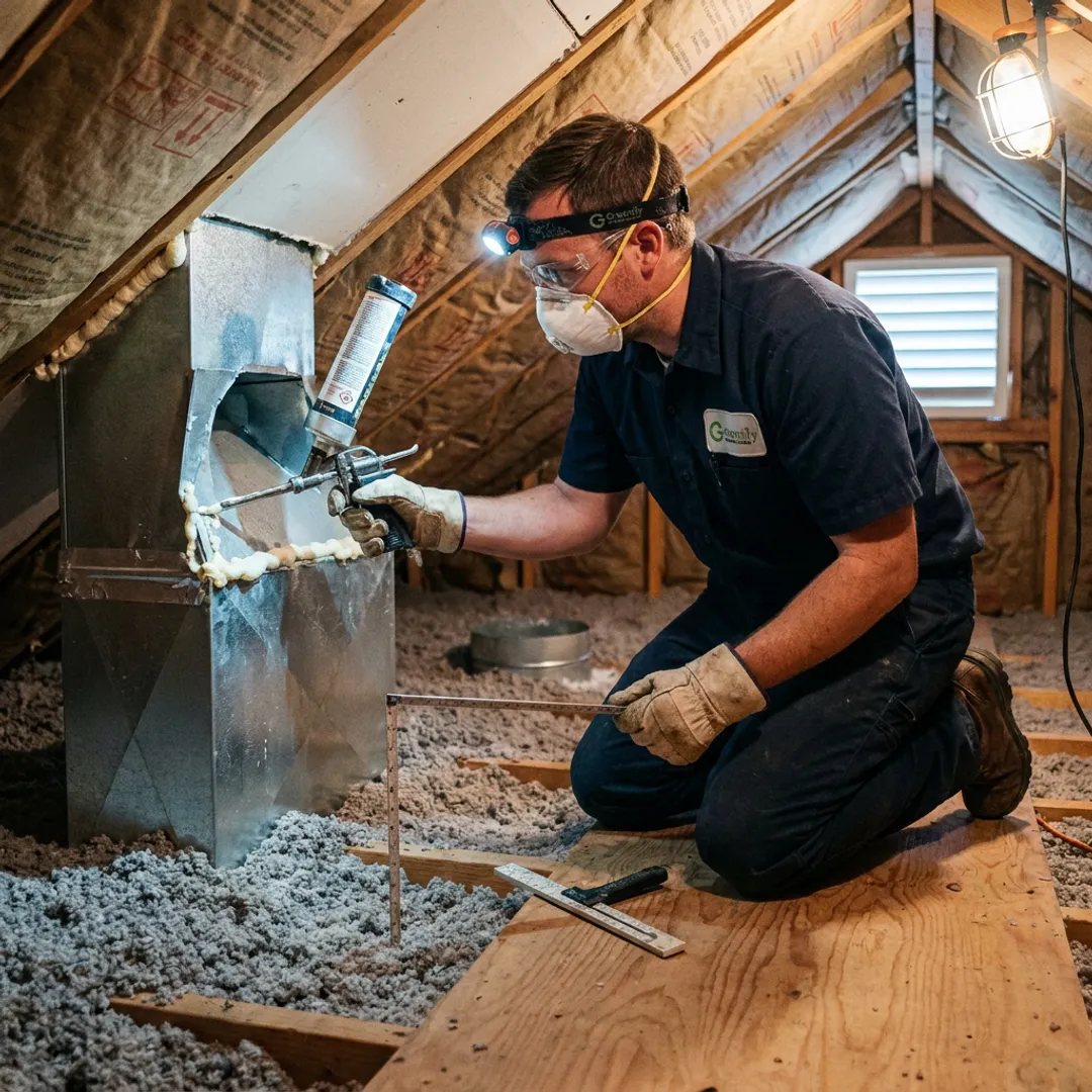 Technician inspecting attic insulation and sealing air leaks
