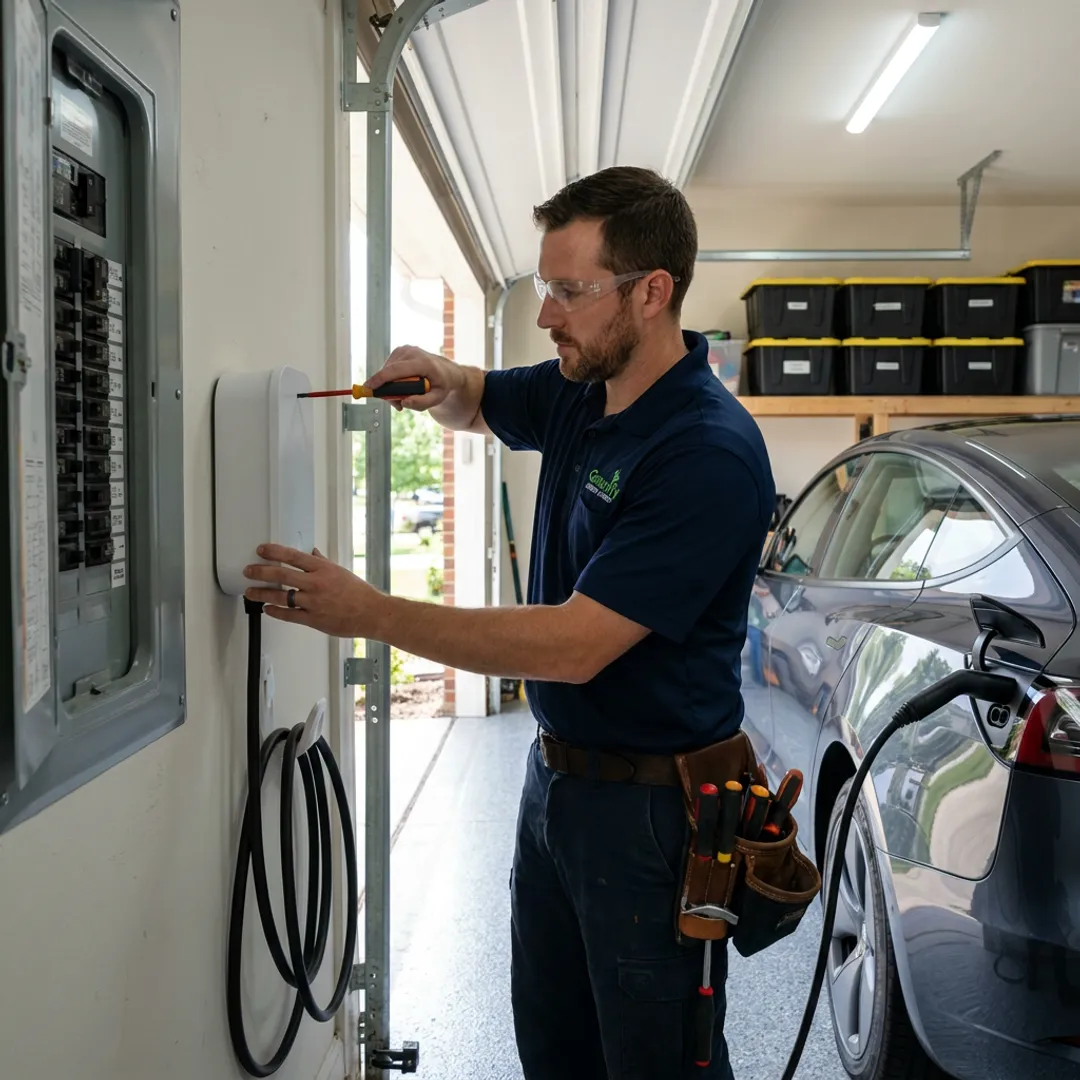 Technician installing a smart EV charger in a garage
