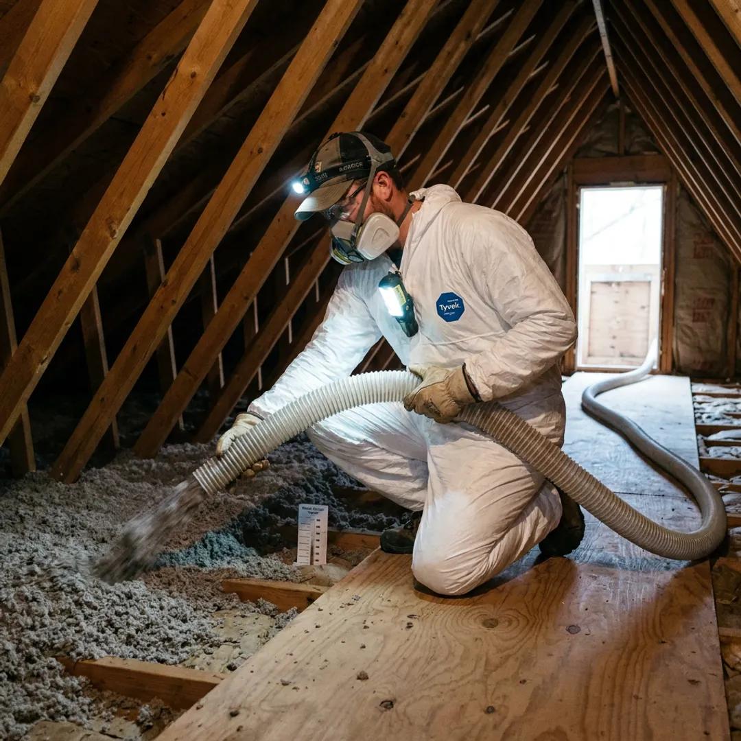 Cellulose insulation being blown into an attic