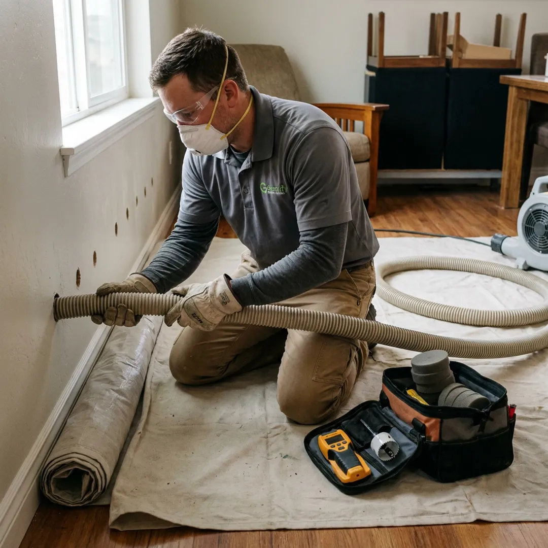 Contractor installing drill and fill wall insulation