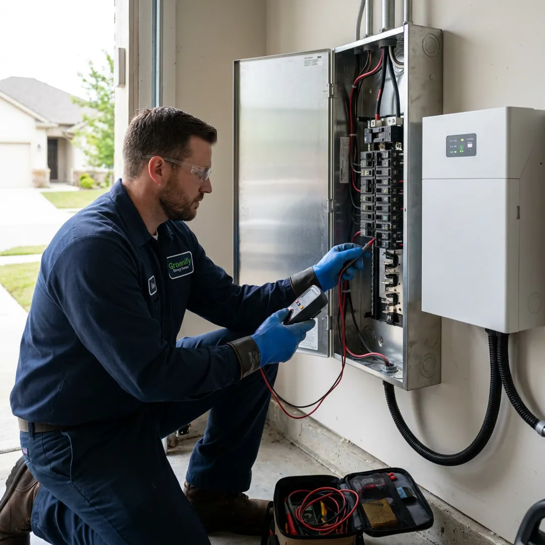 Technician installing home backup battery system