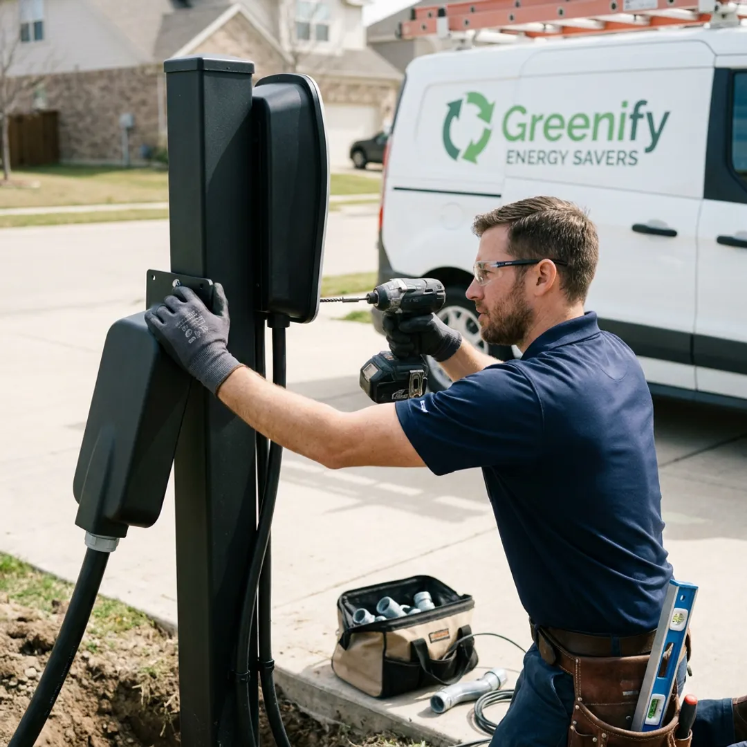 Technician installing an outdoor EV charger post