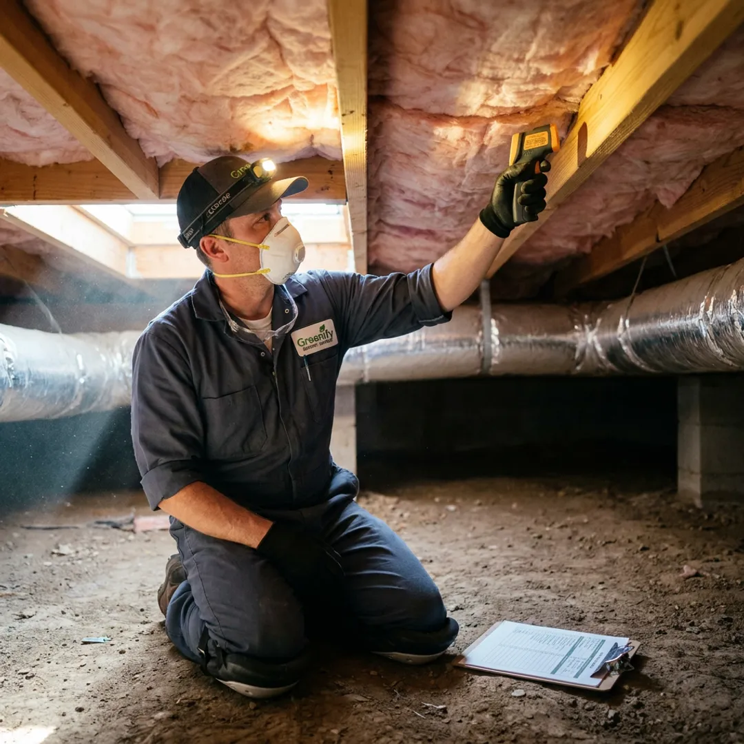 Technician inspecting crawl space insulation